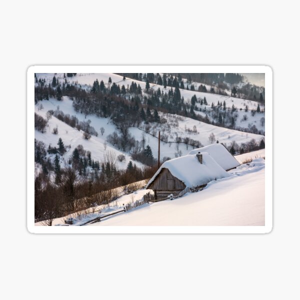 woodshed on hillside in deep snow Sticker