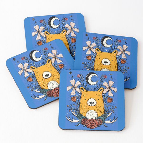 Item preview, Cute Yellow Bear with Florals on Blue Background designed and sold by MoonlightMoth.