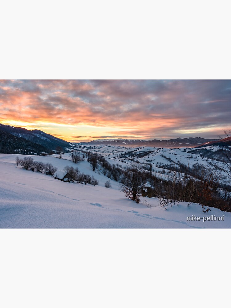 Thumbnail 3 of 3, Sticker, winter dawn in mountainous countryside designed and sold by mike-pellinni.