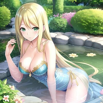 Beautiful blonde anime girl posing in pond