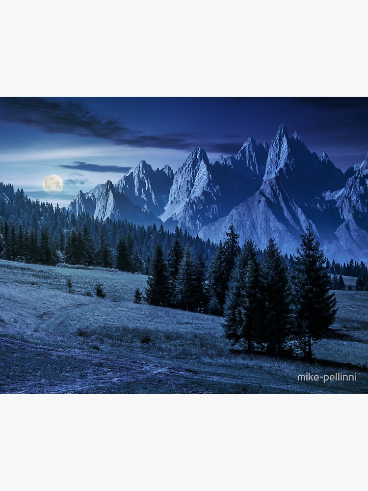 Thumbnail 3 of 3, Sticker, spruce trees on hillside in mountains at night designed and sold by mike-pellinni.