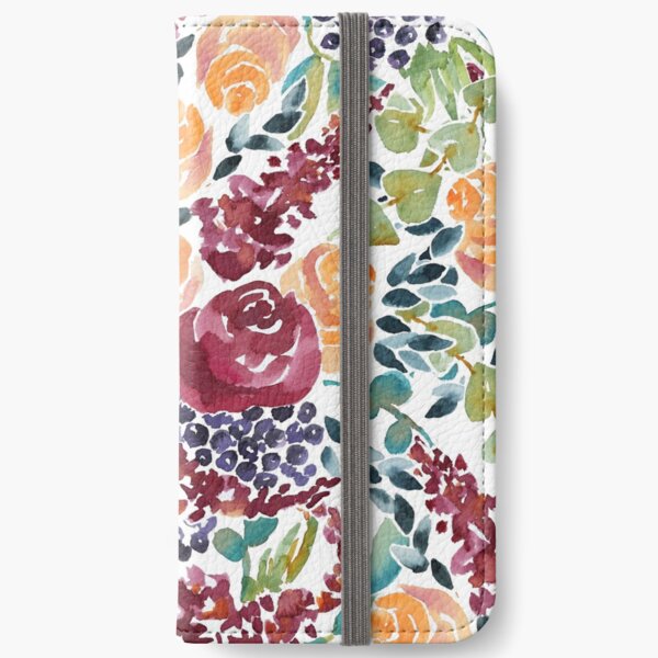 Watercolor Bouquet Hand-Painted Roses Celosia Bilberries Leaves iPhone Wallet