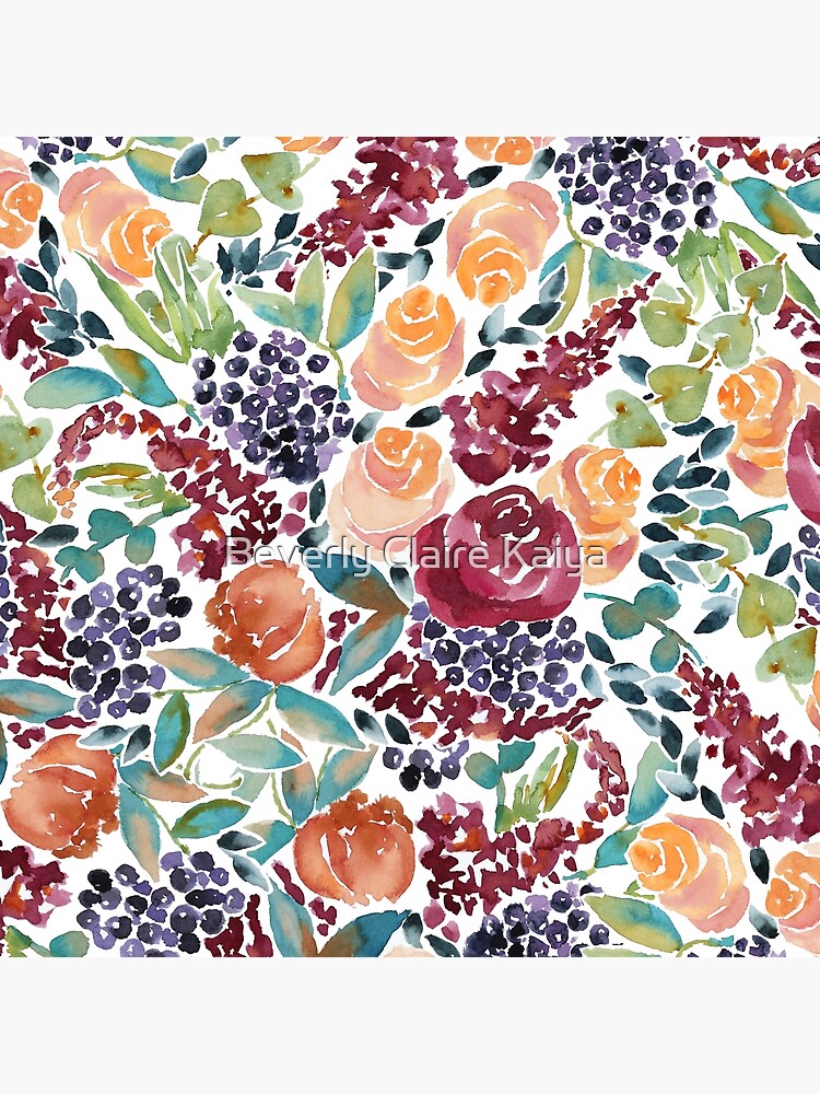 Watercolor Bouquet Hand-Painted Roses Celosia Bilberries Leaves by beverlyclaire