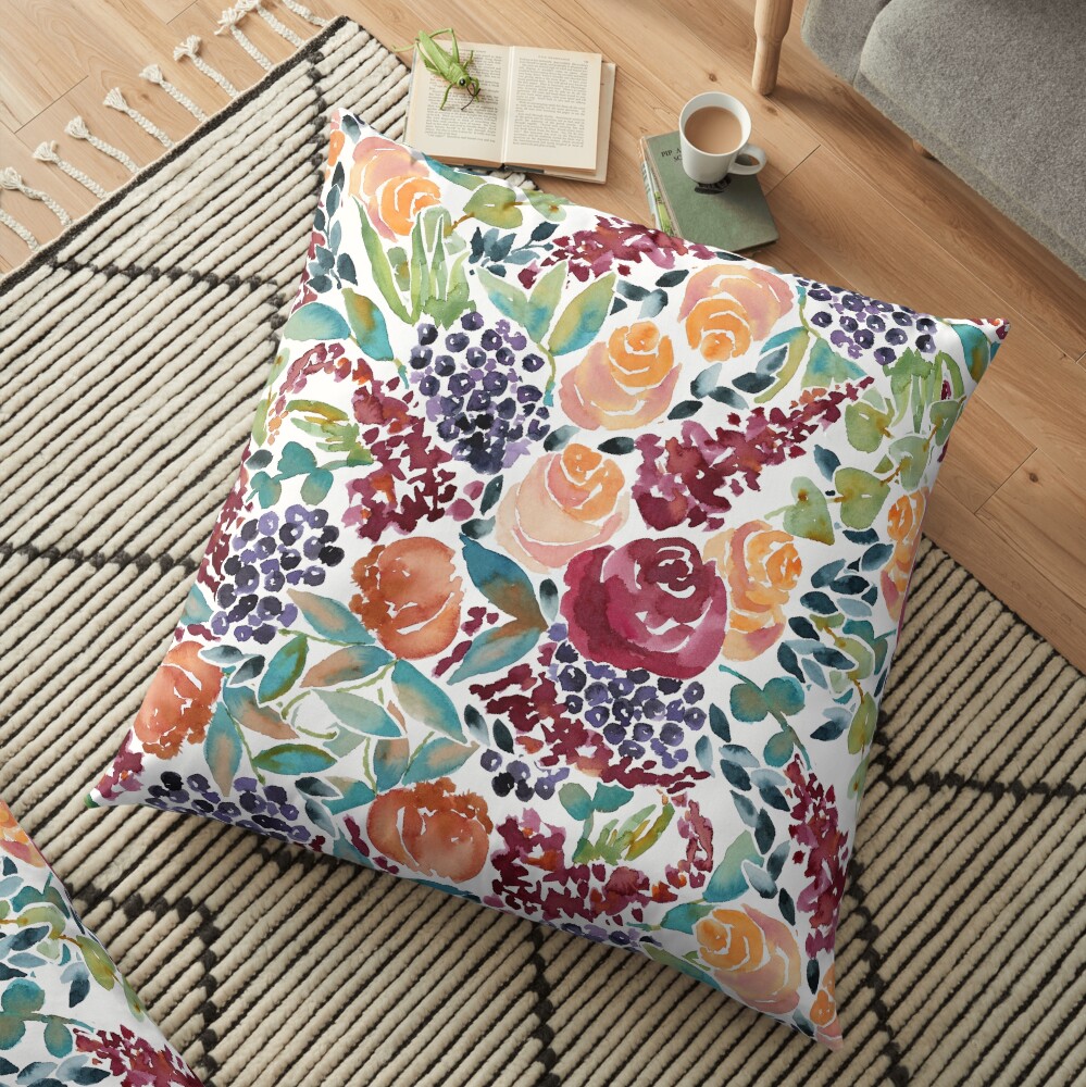 Watercolor Bouquet Hand-Painted Roses Celosia Bilberries Leaves Floor Pillow