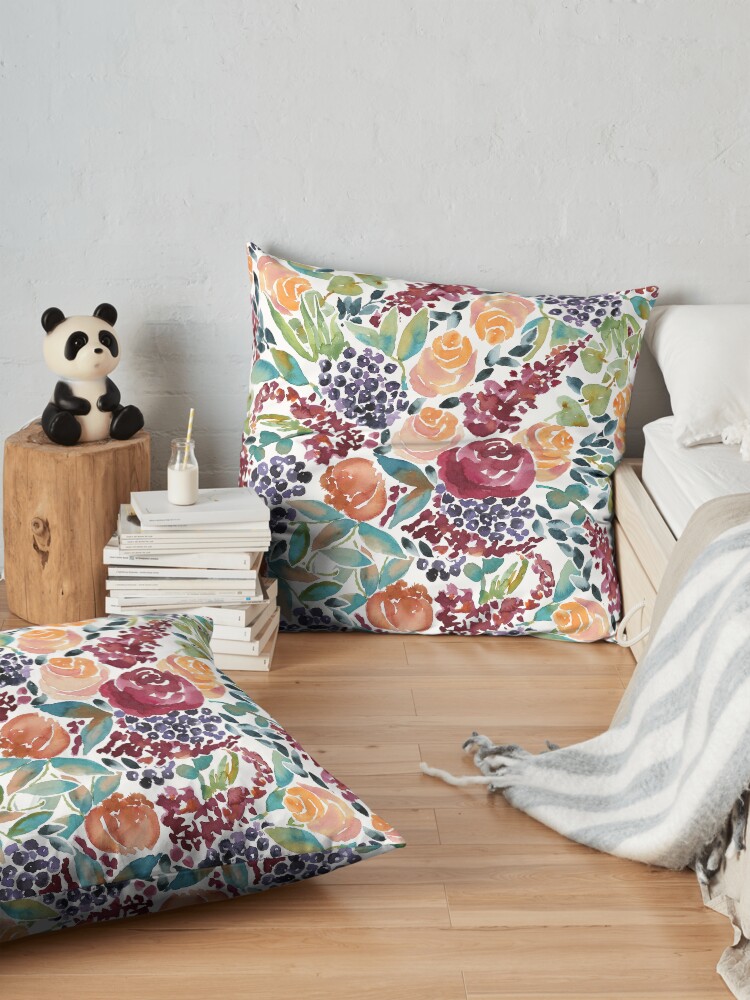 Alternate view of Watercolor Bouquet Hand-Painted Roses Celosia Bilberries Leaves Floor Pillow