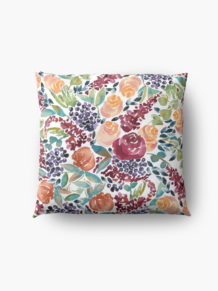 Alternate view of Watercolor Bouquet Hand-Painted Roses Celosia Bilberries Leaves Floor Pillow