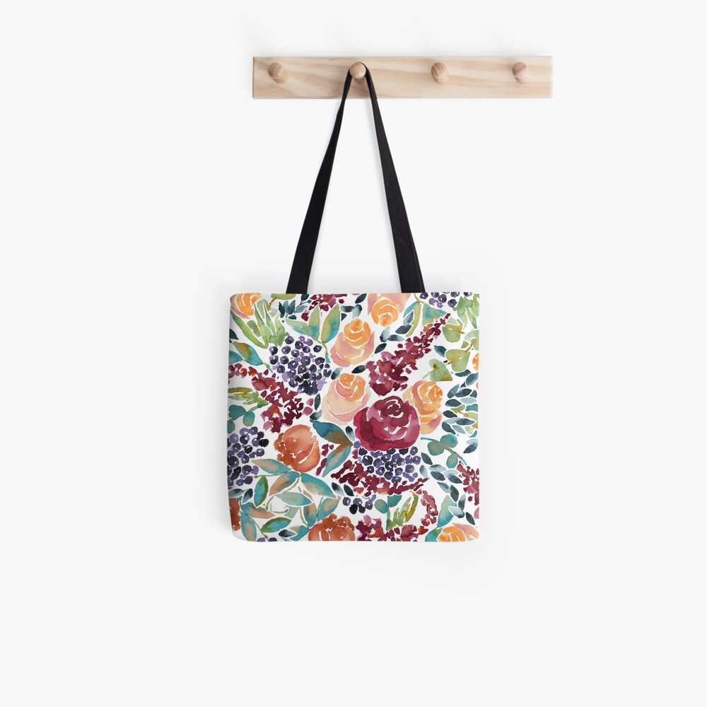 Watercolor Bouquet Hand-Painted Roses Celosia Bilberries Leaves Tote Bag