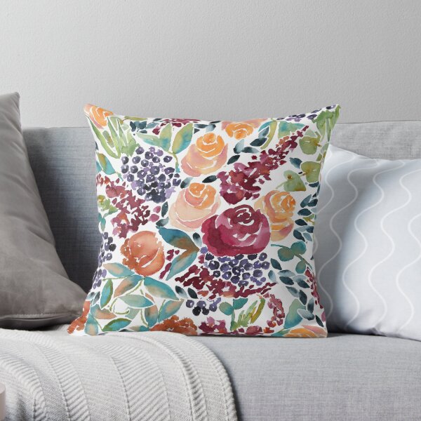 Watercolor Bouquet Hand-Painted Roses Celosia Bilberries Leaves Throw Pillow