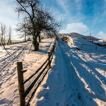 Artwork thumbnail, fence and tree by the road uphill in winter by mike-pellinni