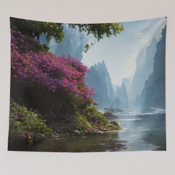 Item preview, beautiful landscape by a river and mountains digital art designed and sold by Midnight-Hour.