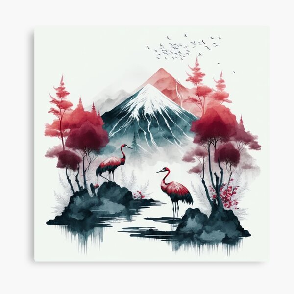 Ink Painting - Red Crown Cranes 2 Canvas Print
