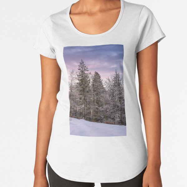 forest in hoarfrost on snowy hillside at dawn Premium Scoop T-Shirt