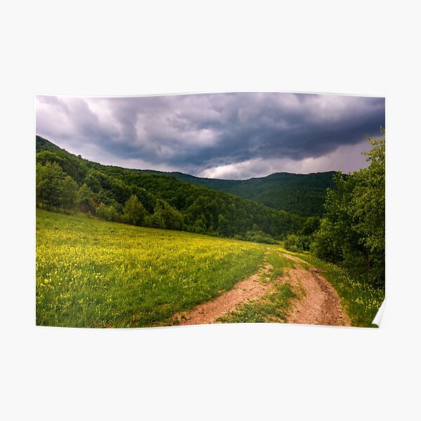grassy field on hillside in stormy weather Poster