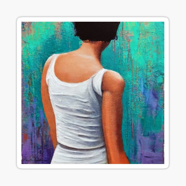 Back of Woman with White Shirt Short Black Hair Grunge Style Sticker