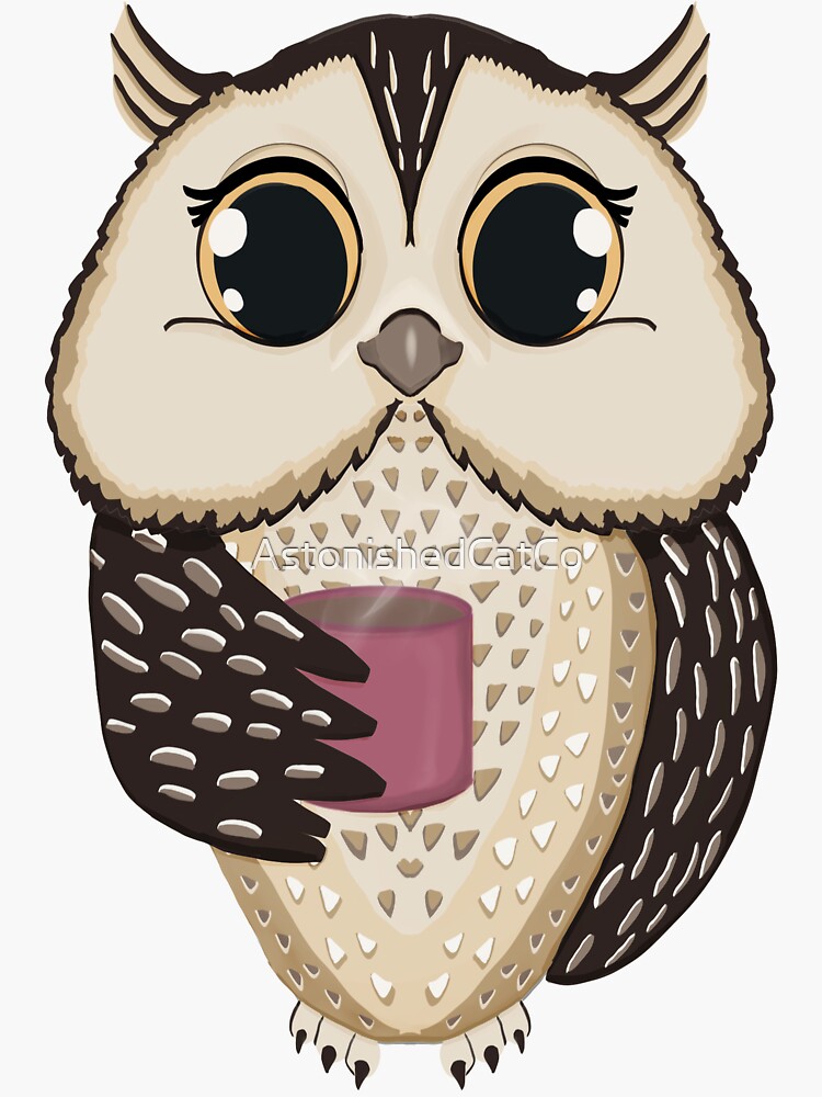 Thumbnail 3 of 3, Sticker, Cute Owl and Coffee - Astonished Cat Company - Gift For Owl Lovers designed and sold by AstonishedCatCo.