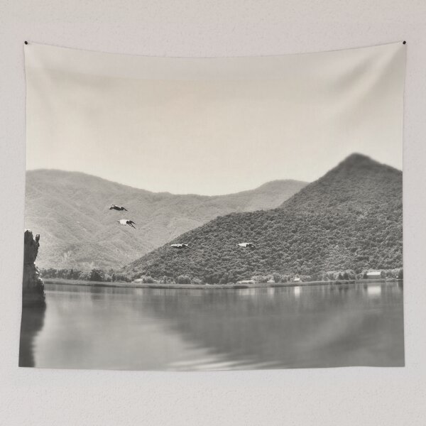 Item preview, Black and white lake reflection and pelicans designed and sold by by-jwp.