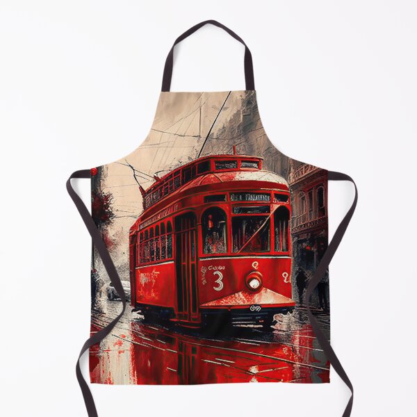 Item preview, Red Tram in The City - Oil Painting designed and sold by AiCollection.