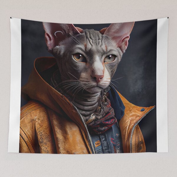 Item preview, Cornish Rex Cat Breed Portrai wears a leather jacket designed and sold by Nalaxation.