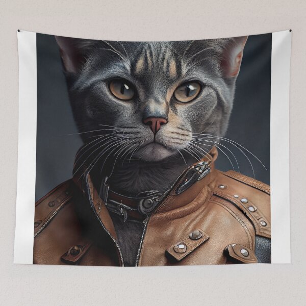 Item preview, Chartreux wears a leather jacket Cat Breed Portrait designed and sold by Nalaxation.
