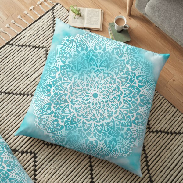 Blue Sky Mandala in Turquoise Blue and White Floor Pillow