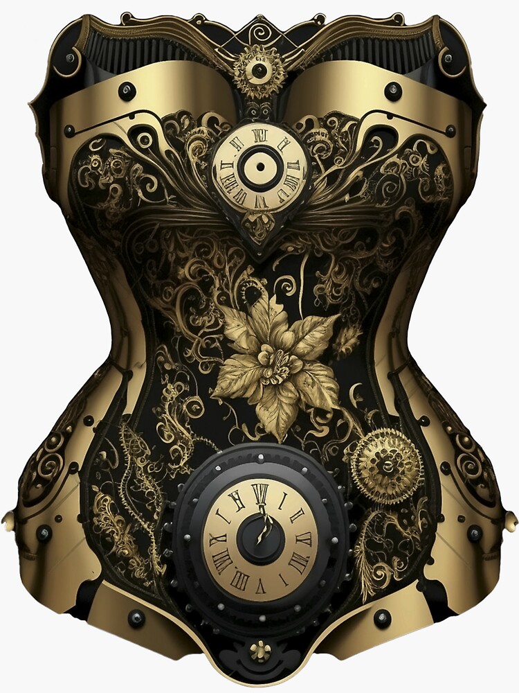 Sticker for Sale mit Steampunk-Korsett-T-Shirt - goldenes Uhrwerk