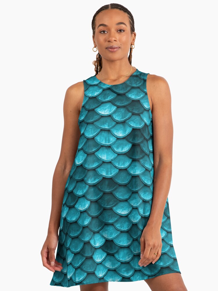 Beautiful Marine Blue Teal Mermaid Fish Scales Mermaid A-Line Dress Beautiful Marine Blue Teal Mermaid Fish Scales Mermaid A-Line Dress