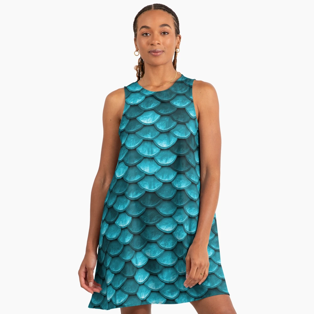Beautiful Marine Blue Teal Mermaid Fish Scales Mermaid A-Line Dress