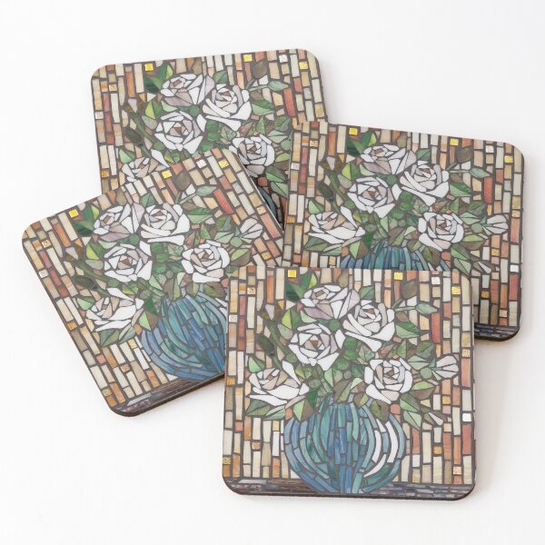 Item preview, Stained glass pale pink roses in a blue vase designed and sold by suespaintroom.