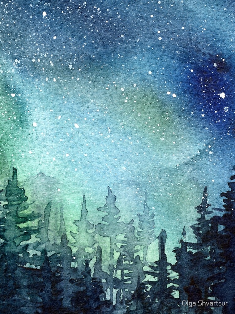 Watercolor Galaxy Nebula Aurora Northern Lights Painting by olga-shvartsur