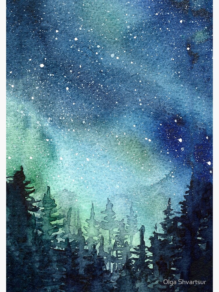 Watercolor Galaxy Nebula Aurora Northern Lights Painting by olga-shvartsur