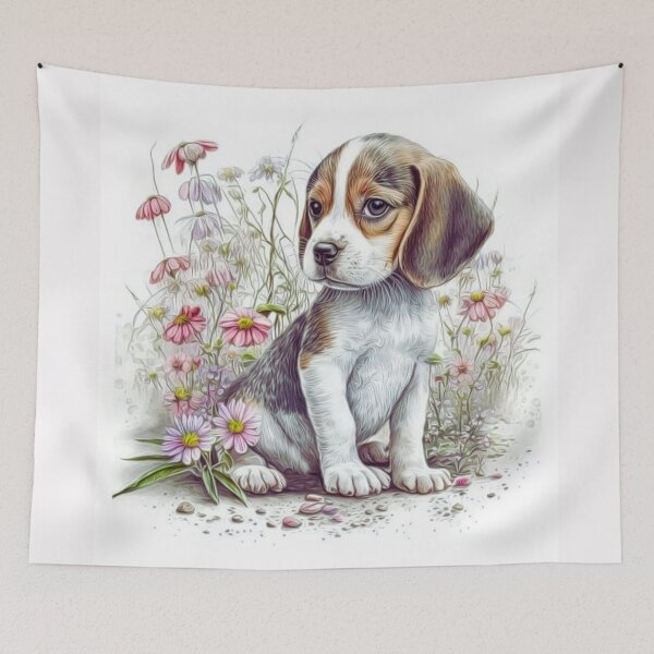 Artikelvorschau, Beagle Hund Rosa Gänseblümchen Portrait entworfen und verkauft von HappyLifeCreate.