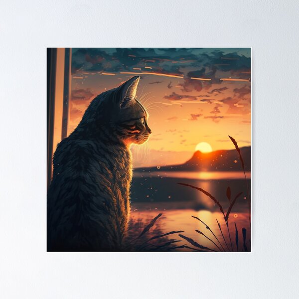 Item preview, Cat Watching Sunset Scene designed and sold by MaRa ★★★★★.