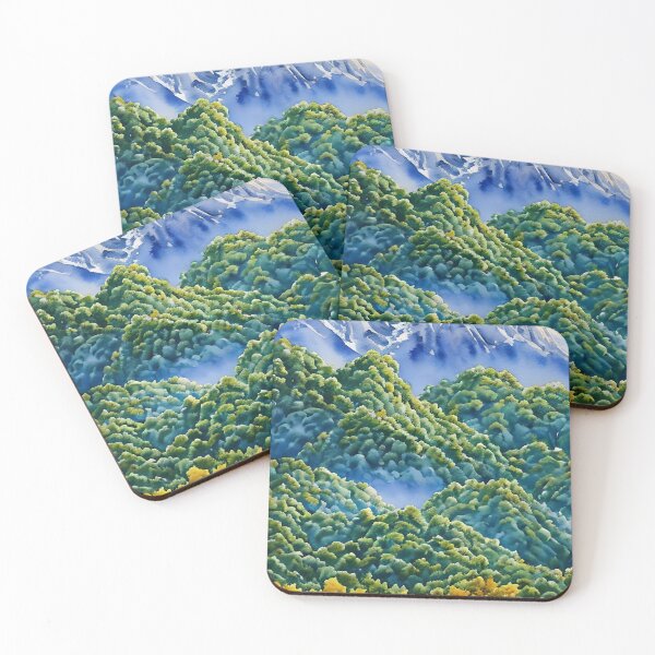 Item preview, Rocky mountain full of green forest trees near the blue lake water landscape watercolor painting designed and sold by UnlockingDesign.