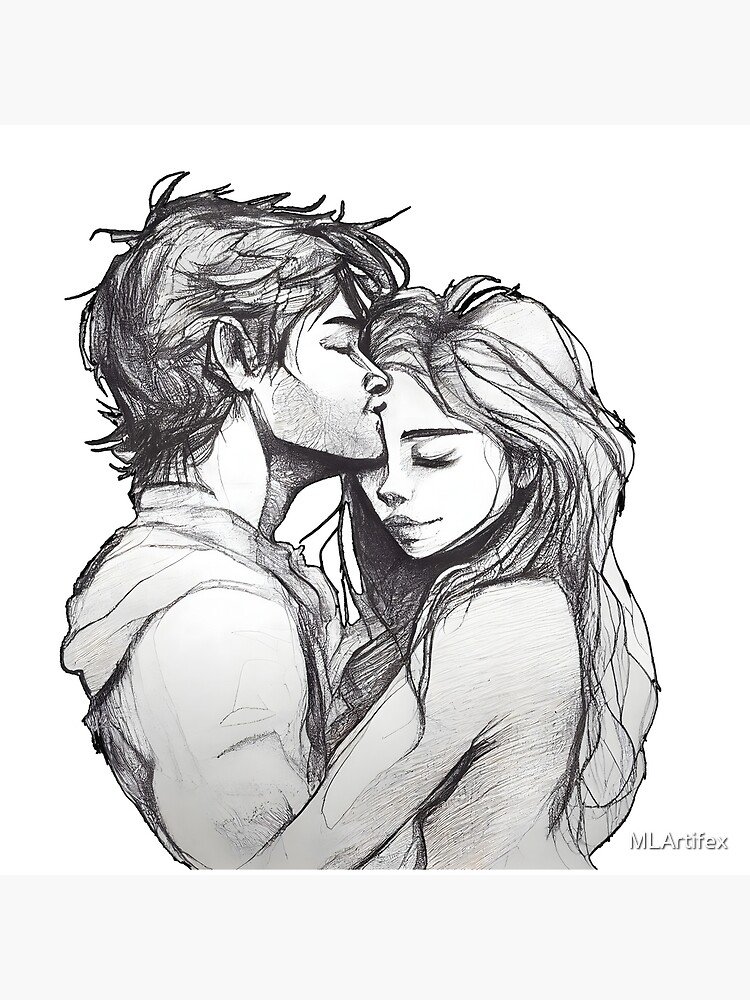 Romantic drawing of a kiss on the cheek. Cute couple sketch