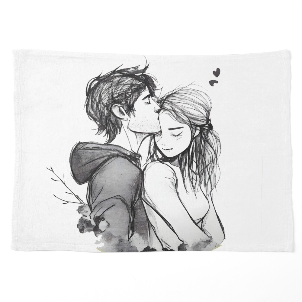 Romantic drawing of a kiss on the cheek. Cute couple sketch