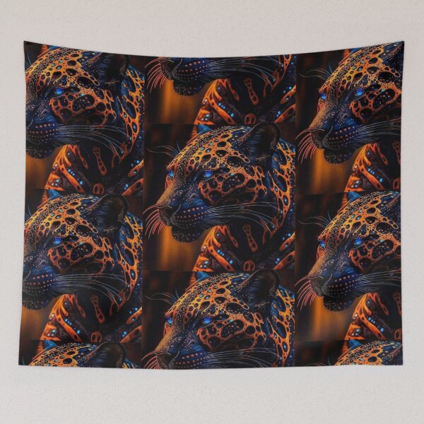 Item preview, id67 Legendary stave lion figure, navy blue orange yellow patterned lion stave, wild cats, cats, wild animals, blue colored eyes, luminous blue eyes, predatory and cute animals, strong animals, designed and sold by bcbutika.