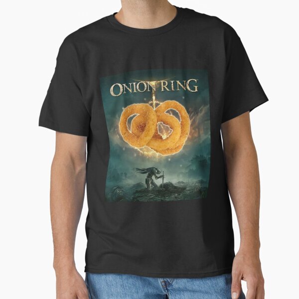 Vista previa del artículo con la obra «Camiseta Elden Ring Parody Onion Ring - Perfecta para los fanáticos de Soulsborne», diseñado y vendido por CkerCky.
