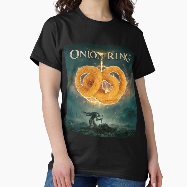 Vista previa del artículo con la obra «Camiseta Elden Ring Parody Onion Ring - Perfecta para los fanáticos de Soulsborne», diseñado y vendido por CkerCky.