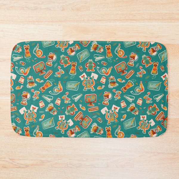 Item preview, Cute and Colorful Office Robots in green, orange, yellow and reddish colors on petrol background designed and sold by Melissa Plugge-Dekker.