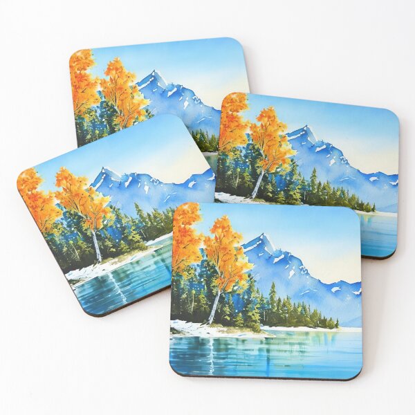 Item preview, Mountain range near the lake illustration, mountains and orange trees reflection in blue lake water watercolor painting designed and sold by UnlockingDesign.