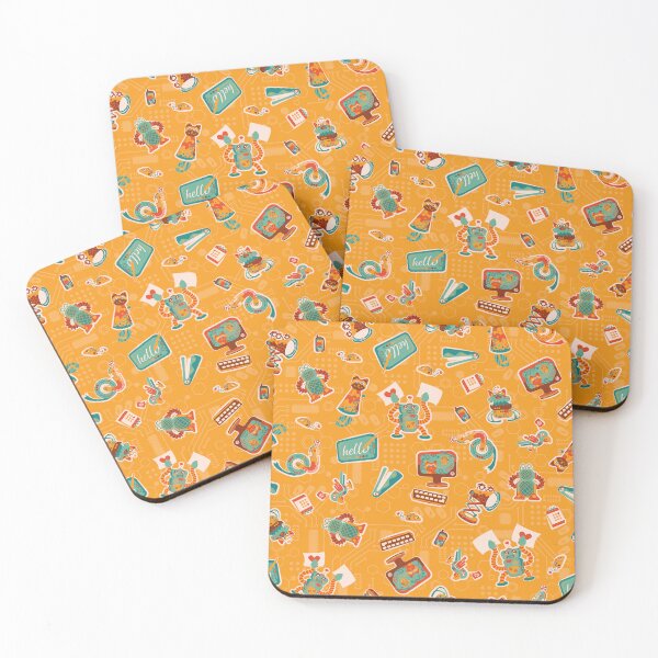 Item preview, Cute and Colorful Office Robots in green, orange, yellow and reddish colors on a technical yellow background designed and sold by Melissa Plugge-Dekker.