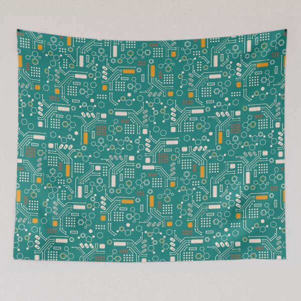 Item preview, Office Robots mother-board in light, yellow and reddish colors on a technical green background designed and sold by Melissa Plugge-Dekker.