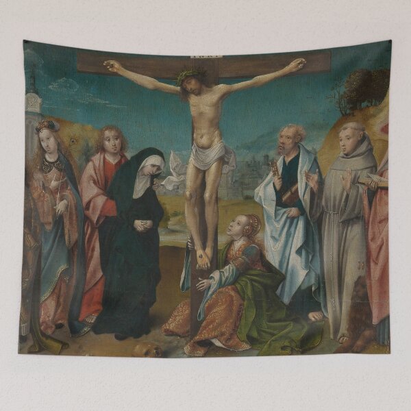 Item preview, Christ on the Cross, with Mary, John, Mary Magdalene and Sts Cecilia and Barbara (left) and Peter, Francis and Jerome (right) Painted in the first quarter of the 16th century designed and sold by linggalibrary.