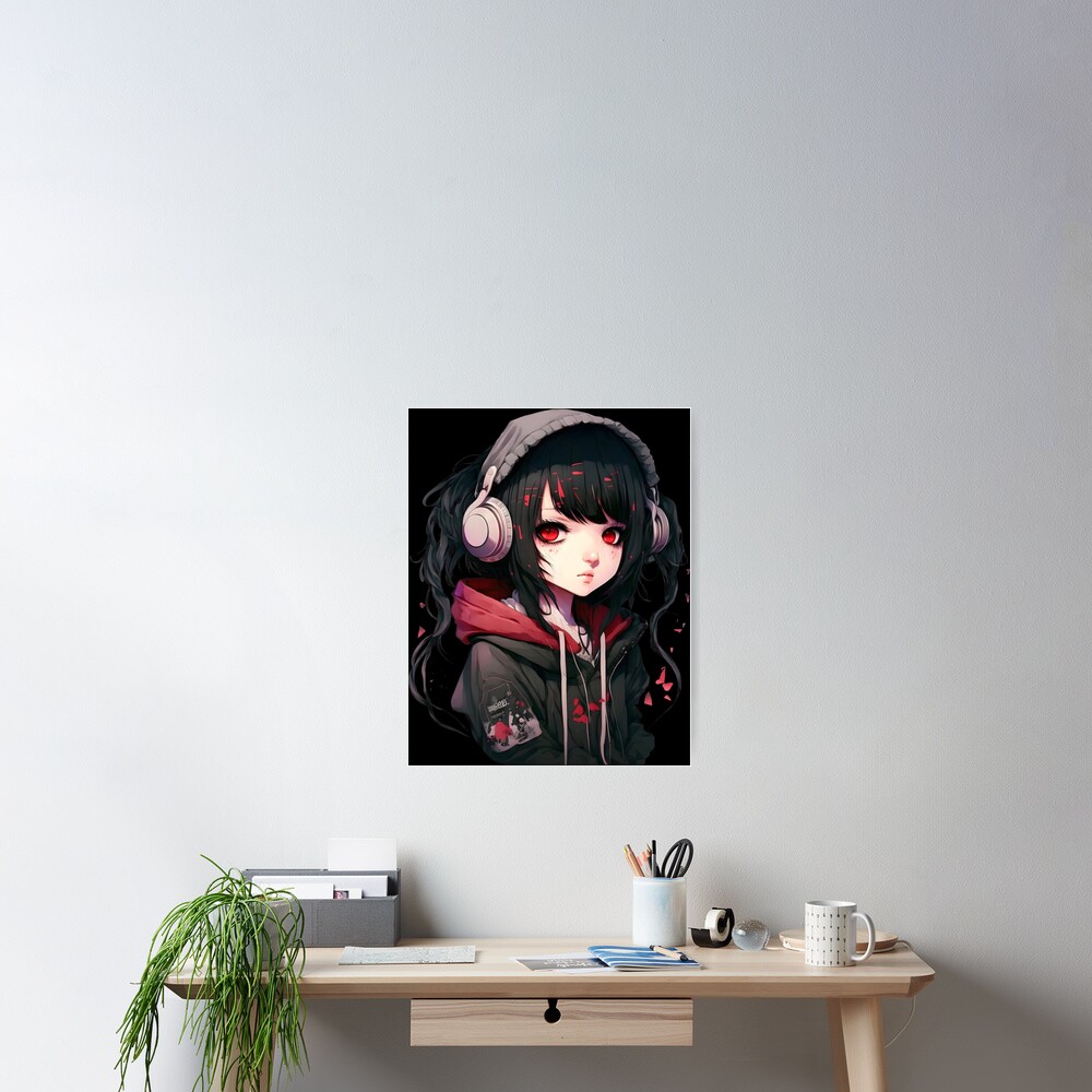 Anime Girl in Hoodie - Red / Black Aesthetic Art Print for Sale by Nymmzi