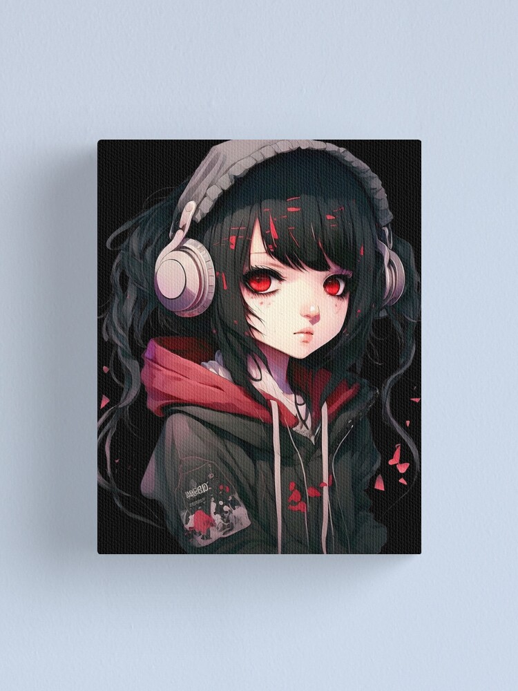 Kawaii Anime Girl In Black Hoodie Canvas Print for Sale by