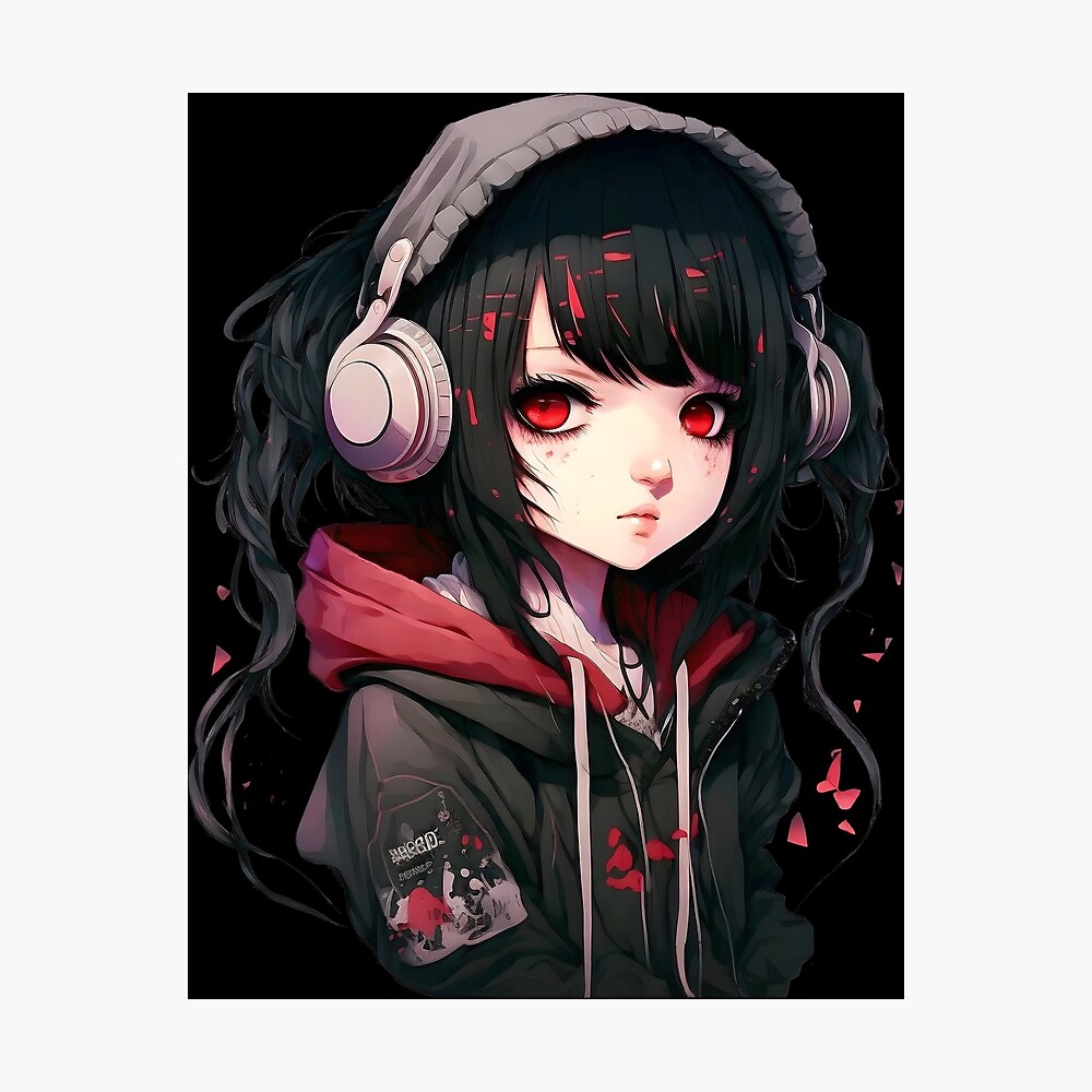 Cute Anime Girl in Hoodie and Headphones - Red / Black Aesthetic ...