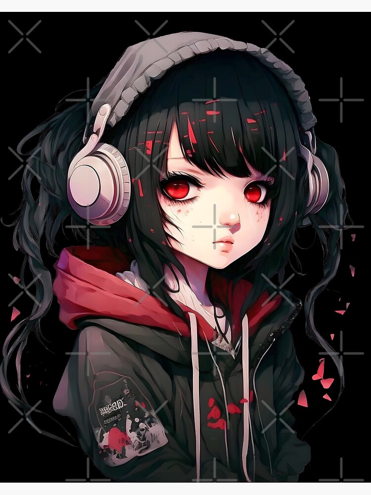 Cute Anime Girl in Hoodie and Headphones Red Black Aesthetic Art Board Print