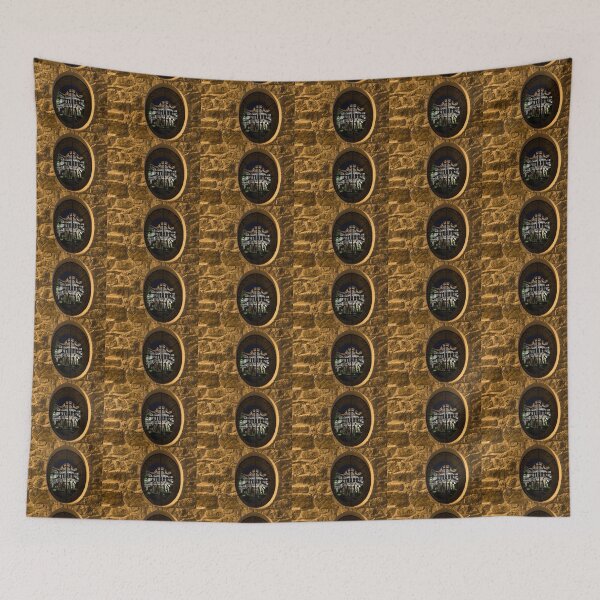 Item preview, Illuminated Night View - Beautiful Revival House Through a Fence Window designed and sold by Georgia Mizuleva.