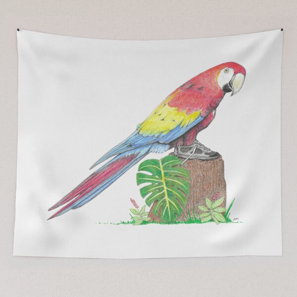 Item preview, Scarlet Macaw in Hiking Shoes designed and sold by JimsBirds.