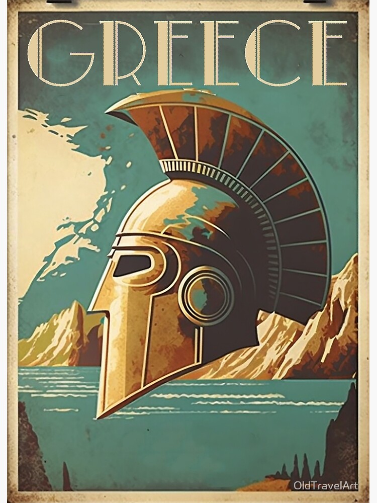Discover Greece Spartan Helmet Vintage Travel Art Poster Canvas